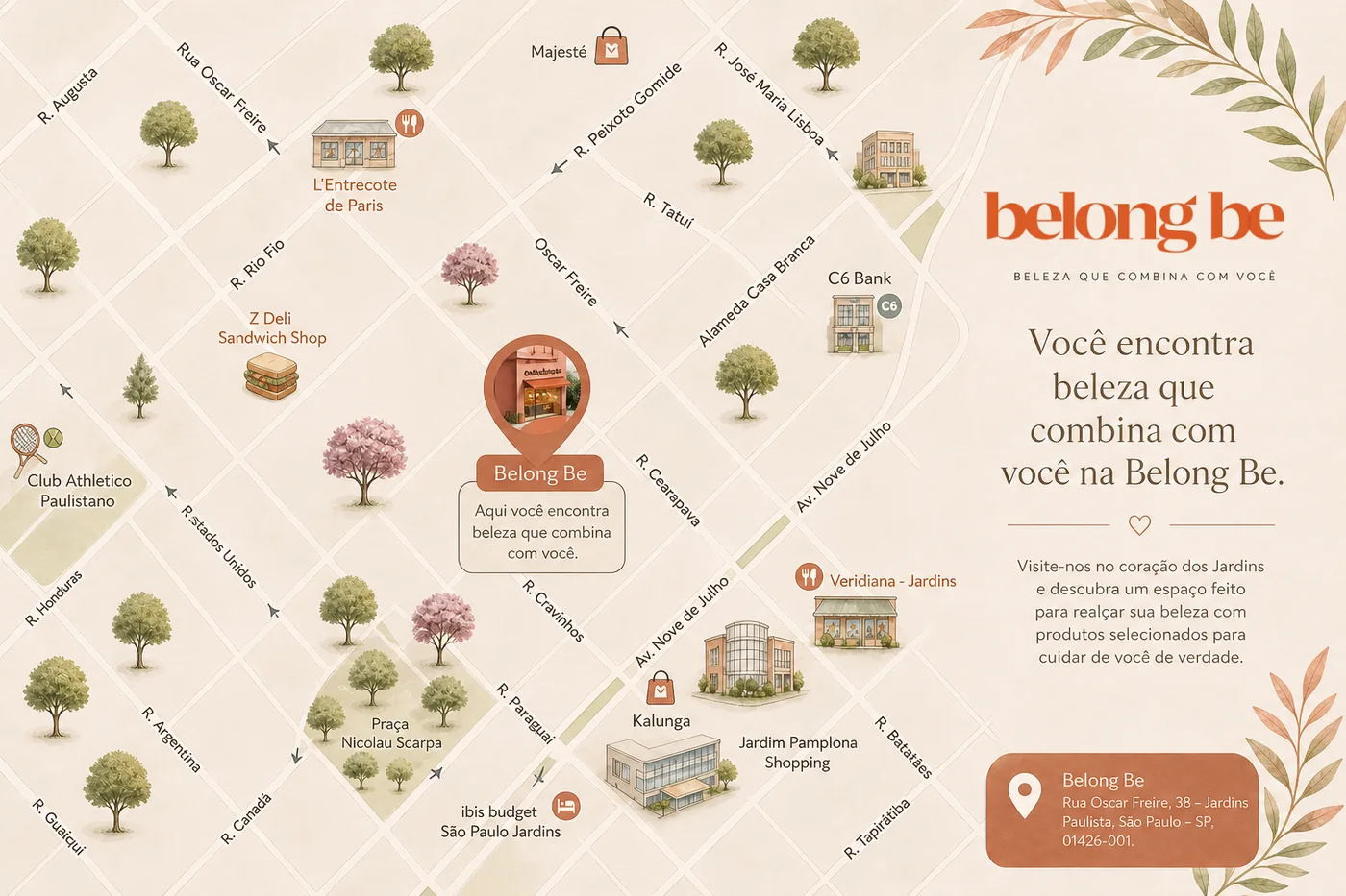 Mapa da região com a Belong Be na R. Oscar Freire, 38